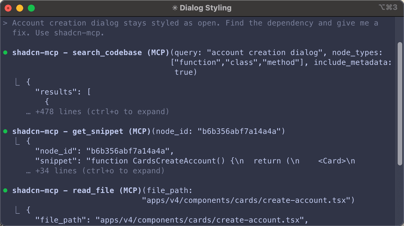 DepGraph MCP session showing dialog fix workflow